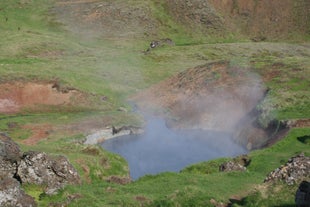 Steam rising up from a pool in the geothermal area of the Reykjadalur valley.