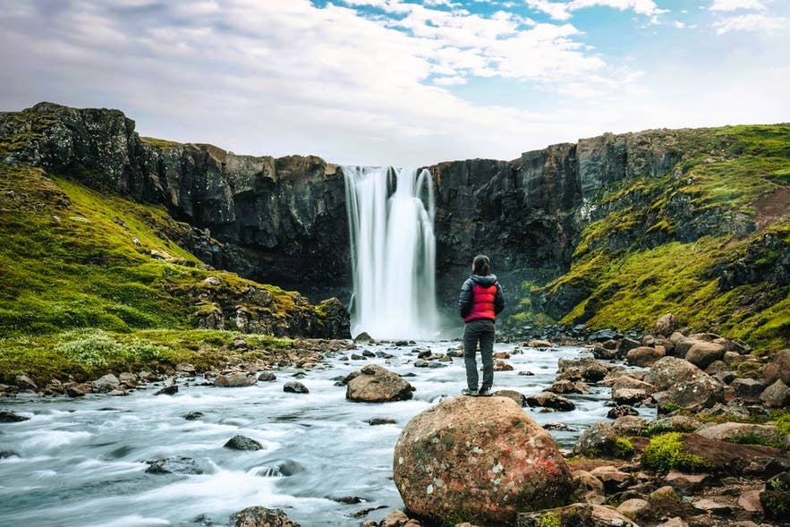 A traveler stands on a rock looking at Gufufoss Waterfall during a visit to East Iceland by cruise ship.