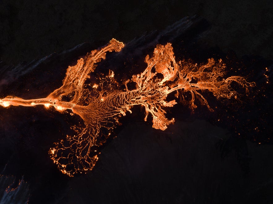 Aerial view of glowing lava flows during the Volcano Express exhibition in Reykjavik.