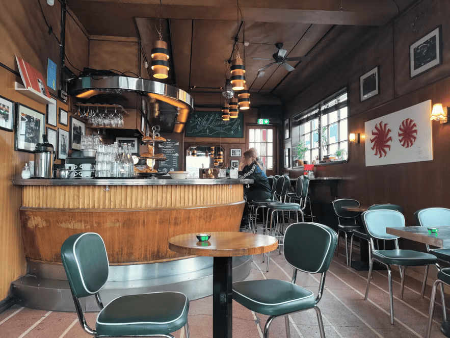 Cozy, retro-themed bar interior at Prikid with classic wooden furnishings.