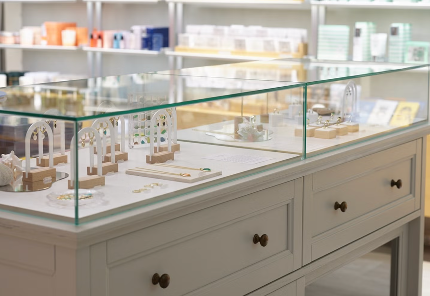 Glass display case with rings, earrings, and other jewelry sits on a white cabinet in Reykjavik’s Nomad gift store.