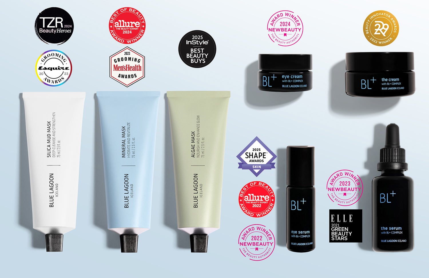 Wielokrotnie nagradzane produkty do pielęgnacji skóry Blue Lagoon, w tym maski i serum, z odznakami nagród kosmetycznych w latach 2022–2025.