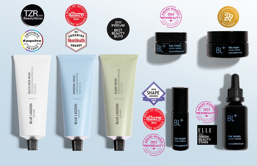 Die preisgekr&ouml;nten Hautpflegeprodukte der Blue Lagoon, darunter Masken und Seren, werden mit Beauty-Award-Auszeichnungen von 2022 bis 2025 pr&auml;sentiert.