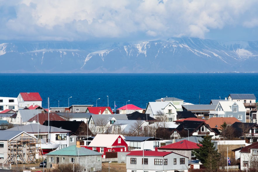 Beautiful view of Keflavik with mountains and water on a background.