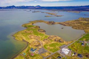 An aerial view of Lake Myvatn in North Iceland showing its pseudo-craters.