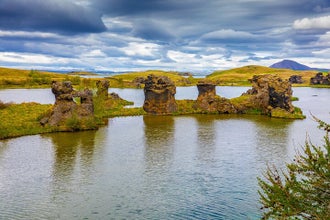 Lava pillars and small islands dot the large area of Lake Myvatn.