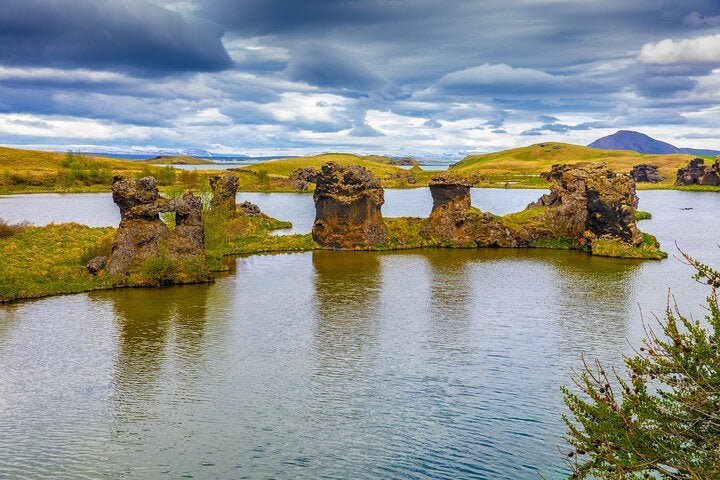 Lava pillars and small islands dot the large area of Lake Myvatn.
