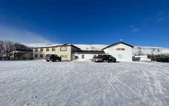 Hotel Studlagil, surrounded by snow-covered landscapes in winter in Iceland.