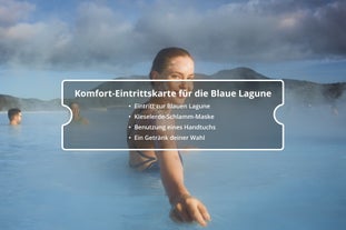 Die Komfort-Eintrittskarte für die Blaue Lagune ist das Standard-Paket für die Blaue Lagune in Island, bei dem du eine Schlammmaske aus Kieselerde und ein Getränk deiner Wahl erhältst.