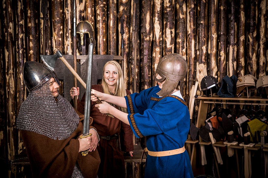 People wearing Viking costumes at the Saga Museum