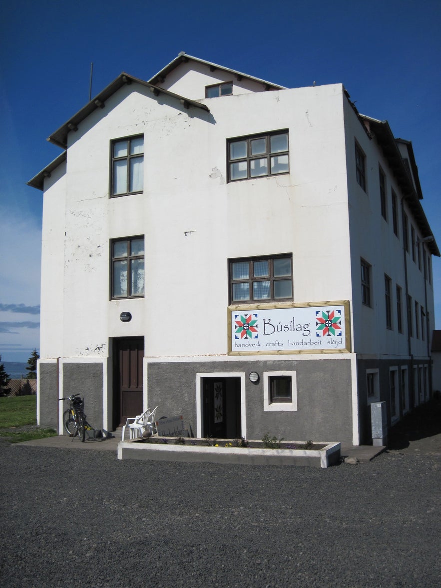 The Icelandic Textile Center, a tall white building in Blonduos.