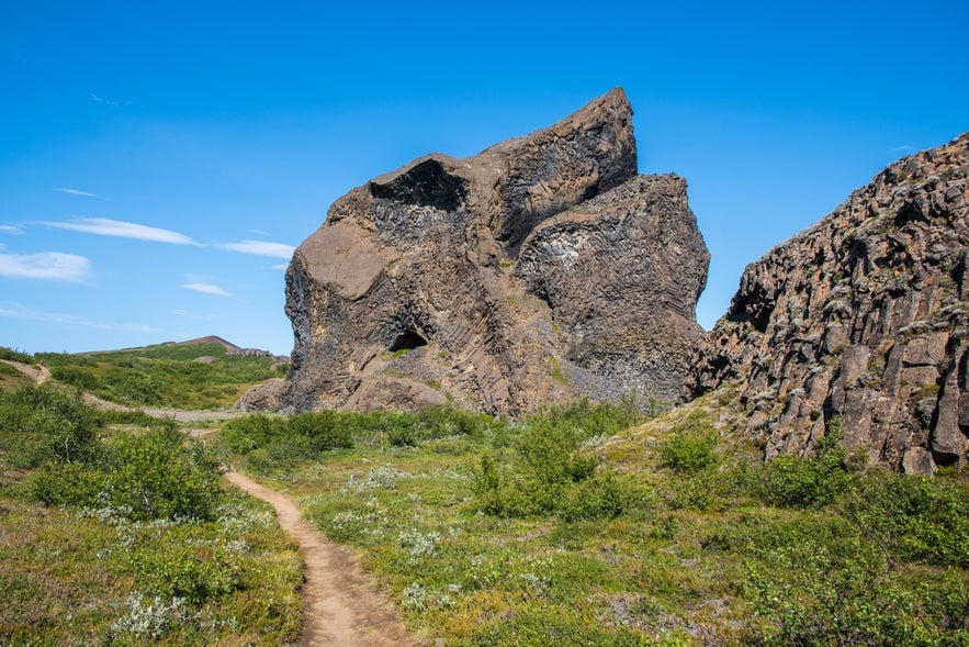 The Hljodaklettar “echo rocks” in Jokulsargljufur canyon, Vatnajokull National Park, under a clear blue sky.
