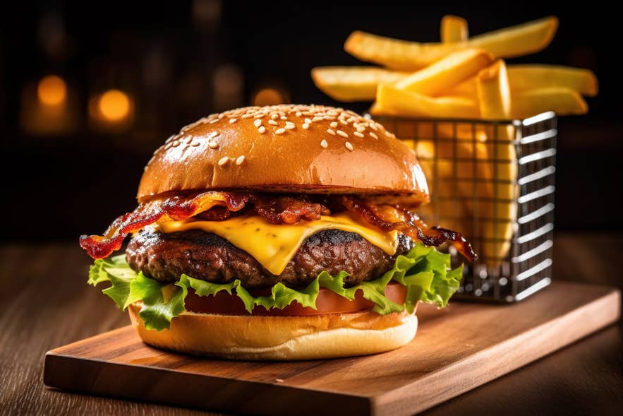 Cheese burger and fries on a wooden plate, one of the most popular fast food items in Iceland