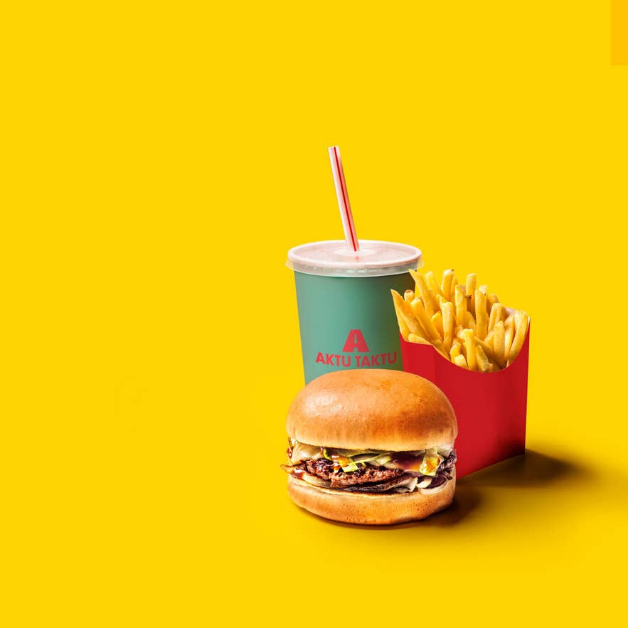 A set meal including a burger, drink, and fries from Aktu Taktu, a popular burger joint in Iceland