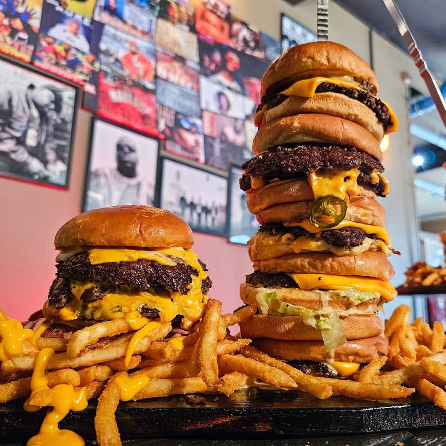 A tall tower of burgers from 2Guys, a burger place in Reykjavik