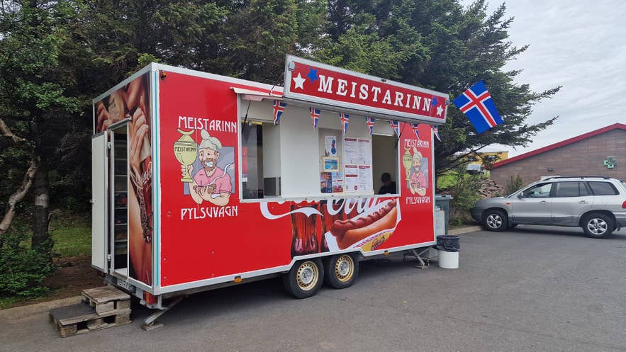 The red food truck of Meistarinn, a hot dog stand in West Iceland