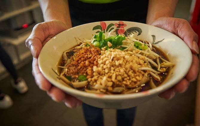 A bowl of Vietnamese noodles with rich toppings from Noodle Station in Iceland