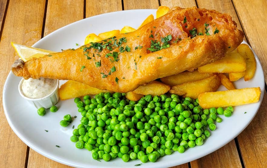 Fish and chips with peas and mayonnaise
