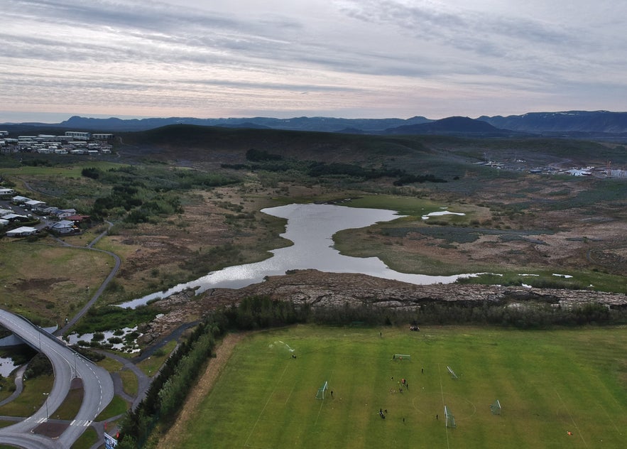 A bird's-eye view of Astjorn lake in Iceland.