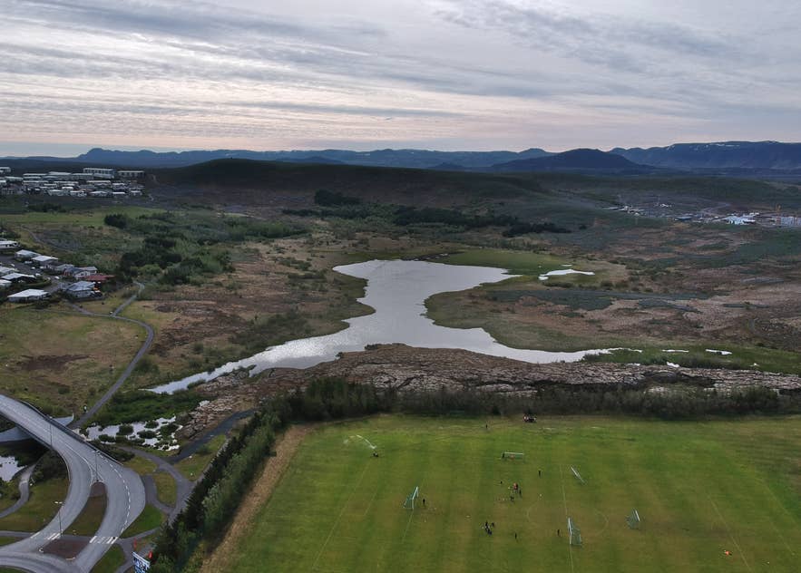 A bird's-eye view of Astjorn lake in Iceland.