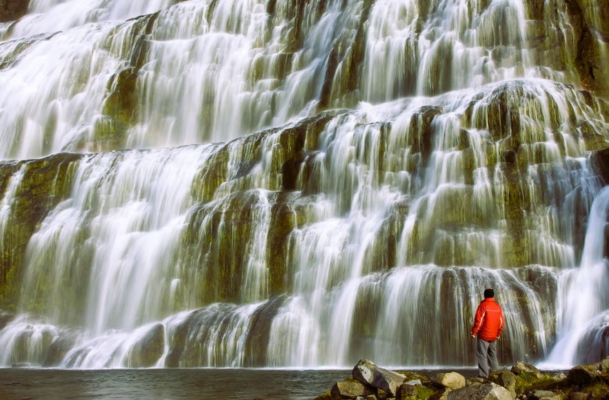 Visitor admiring Dynjandi Waterfall in Iceland, a breathtaking stop for things to do in Isafjordur.