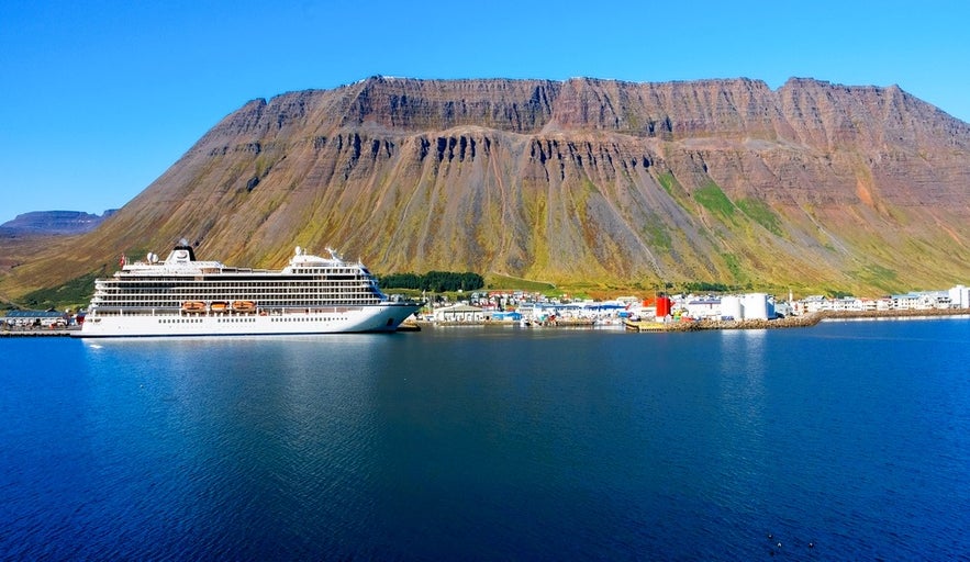 Cruise ship docked in Isafjordur, Iceland, a scenic arrival point before exploring the best things to do in Isafjordur.