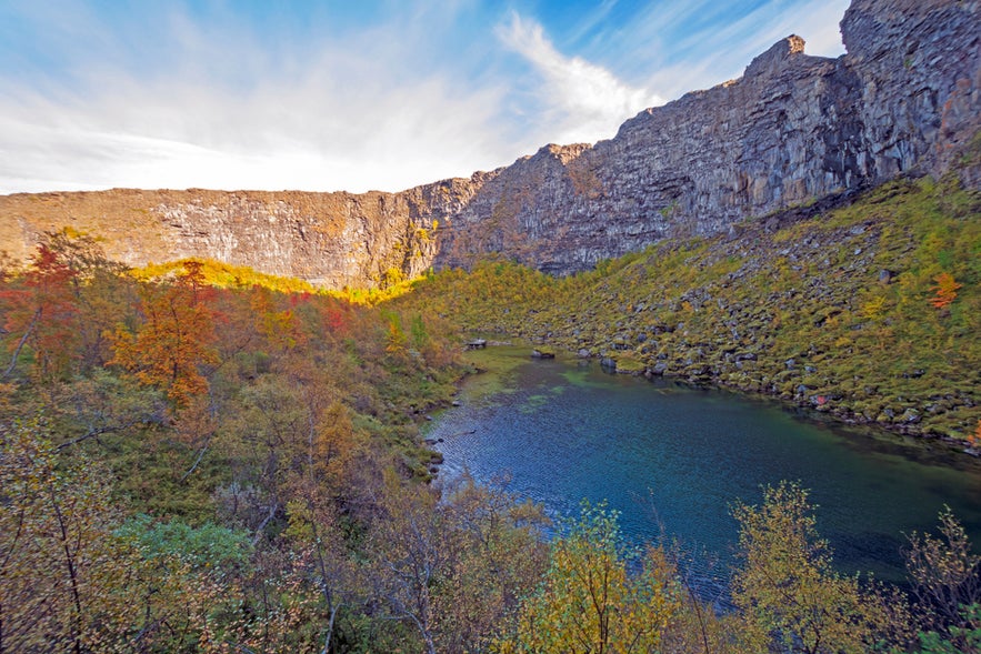 Asbyrgi Canyon in North Iceland is shown during autumn, with shrubs, moss-covered rocks, and a calm body of water.