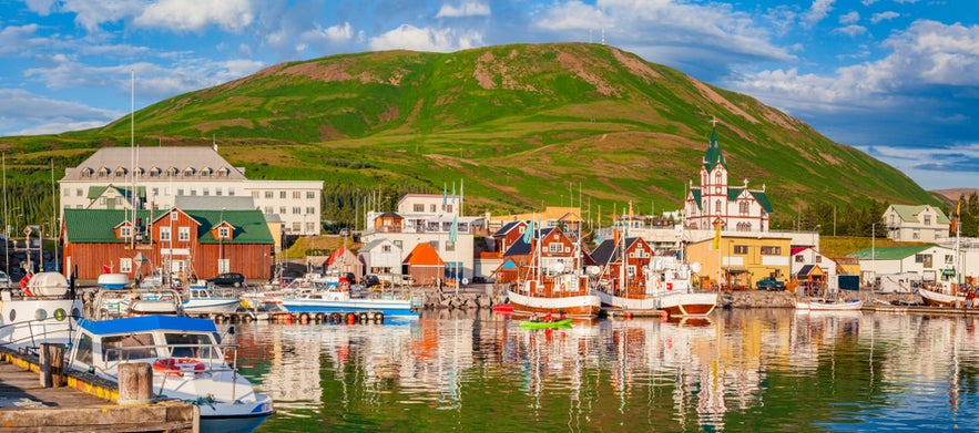 Colorful harbor with boats, traditional houses, and a green hill in the background in Husavik, Iceland.