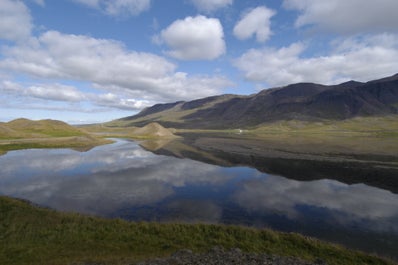 A scenic view of Lake Myvatn on the Diamond Circle tourist route in North Iceland.