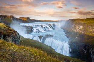 Gullfoss is one of three spectacular Golden Circle attractions, cascading down a 90-degree bend in the Hvita river.