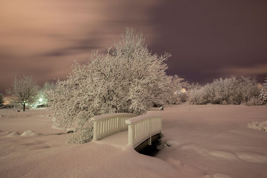 Laugardalur valey in Reykjavik filled with snow after heavy snowfall during winter in Iceland