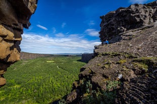 A traveler looks out over the sweeping expanse of Asbyrgi Canyon in North Iceland.