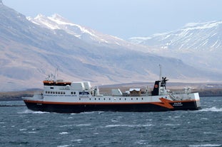 De veerboot van Flatey naar Brjanslaekur vaart langs prachtige bergen in West-IJsland.