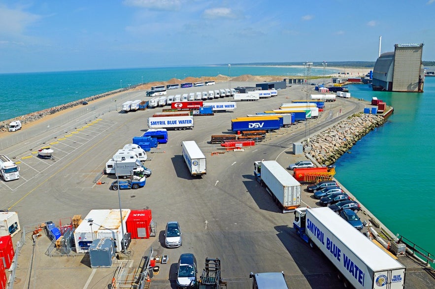 Hirtshals Ferry Terminal in Denmark with trucks, trailers, and cars waiting for the Smyril Line Norrona ferry to Iceland.