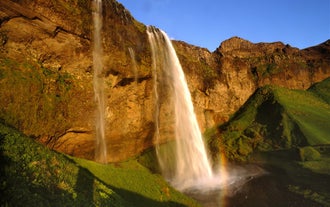 Scenic view of Seljalandsfoss Waterfall at sunset, a popular stop on Iceland’s South Coast.