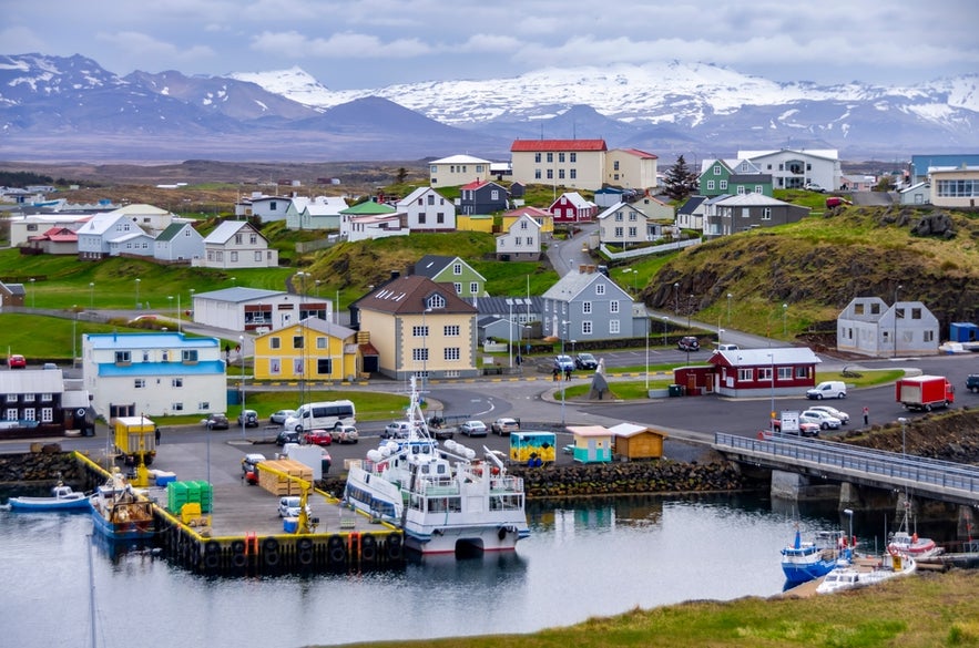 Stykkisholmur harbor area showing residential and coastal living in Iceland.