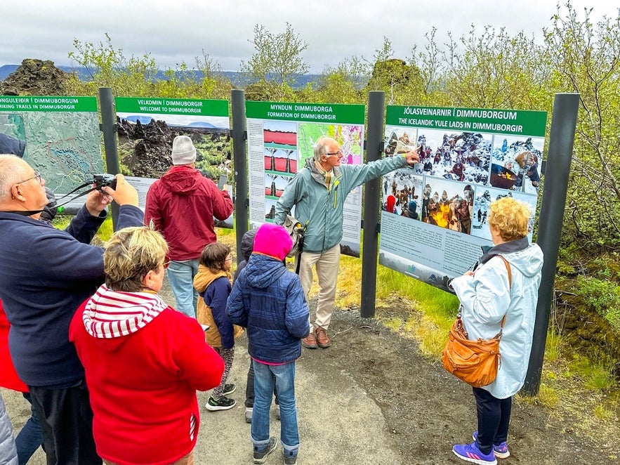 Guided tour at Dimmuborgir Visitor Center in North Iceland, learning about lava formations and Icelandic Yule Lads.