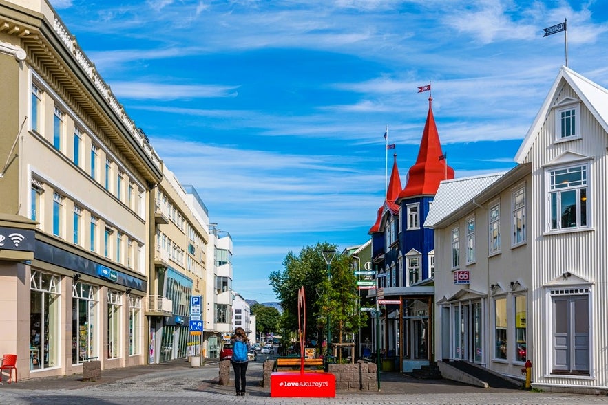 Colorful street in downtown Akureyri, North Iceland, a vibrant town near Lake Myvatn and Dimmuborgir&rsquo;s volcanic landscapes.