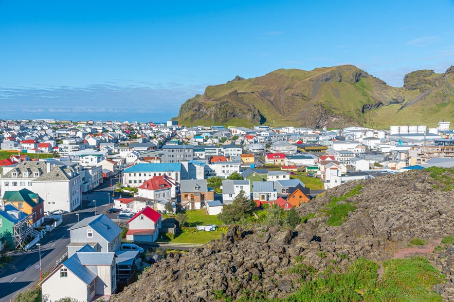 Rooftops of houses at Heimaey island, part of Vestmannaeyjar archipelago of Iceland.