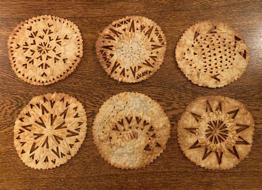 Laufabraud, traditional Icelandic leaf bread, thin and crispy with decorative patterns.