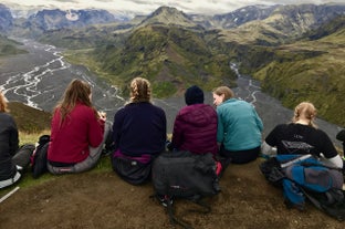 A group of hikers enjoying the view at Thorsmork Nature Reserve.