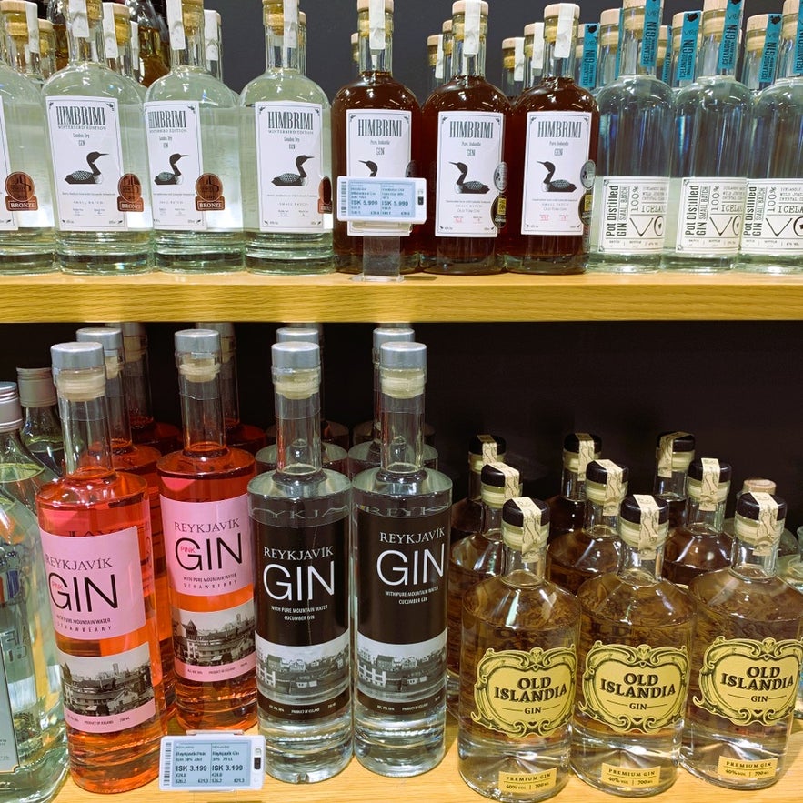 Selection of Icelandic liquor and spirits including Reykjavik Gin, Himbrimi Gin, Old Islandia, and other local Icelandic brands.