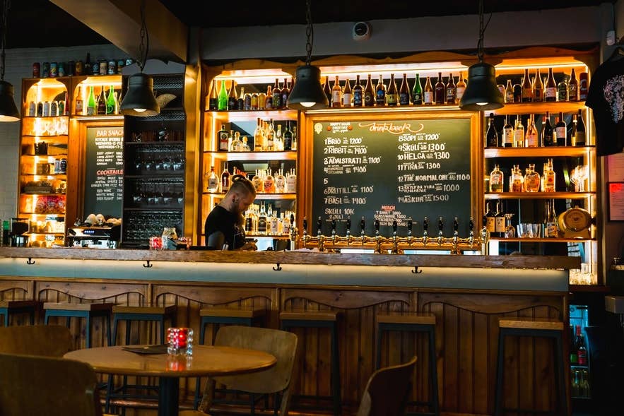 Gezellige bar in Reykjavik waar IJslandse sterke dranken worden geserveerd, met lokale gin, vodka, schnapps en creatieve cocktails in een warme sfeer.