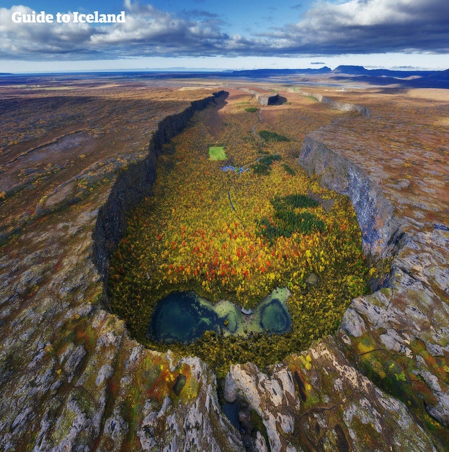 Aerial view of Asbyrgi Canyon in north Iceland with autumn foliage, steep cliffs, and forested valley floor.