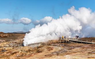 Gunnuhver Hot Springs on the Reykjanes Peninsula in Iceland, with steaming geothermal vents and the largest mud pool in the country.