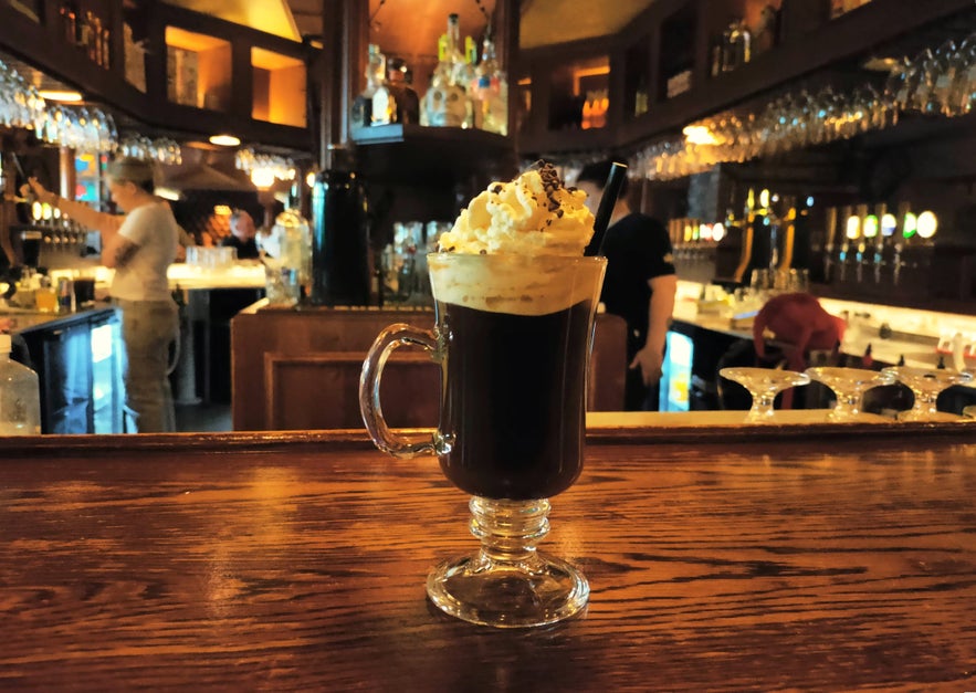 Irish coffee topped with whipped cream served at The Irishman Pub in Reykjavik.