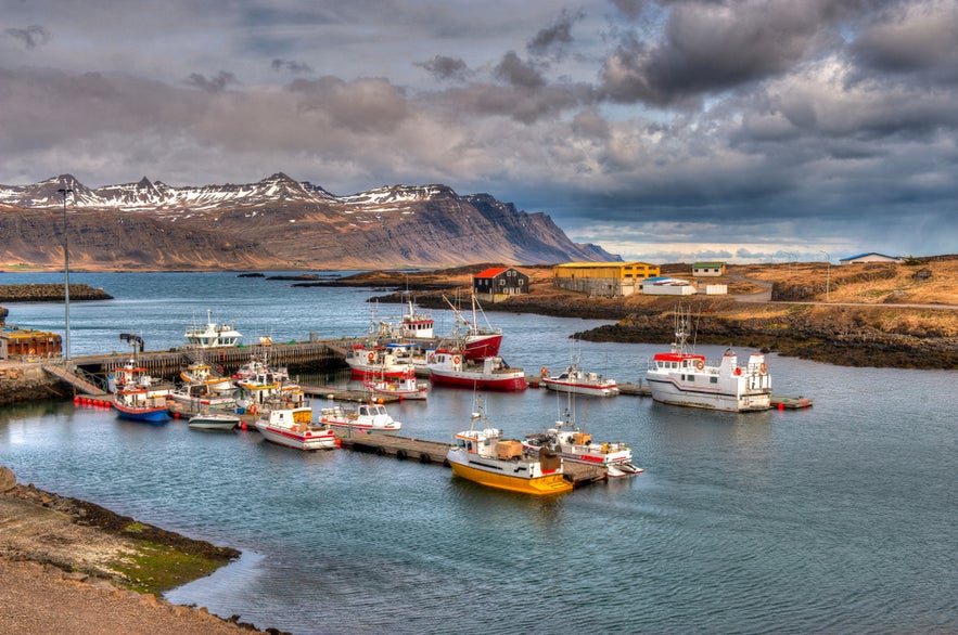 Port of Djúpivogur in East Iceland, with fishing boats and scenic mountain backdrop.