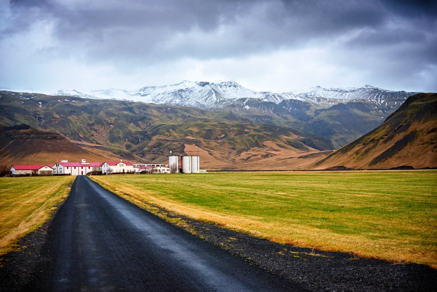 Farmland framing the Eyjafjallajokull volcano in south Iceland.