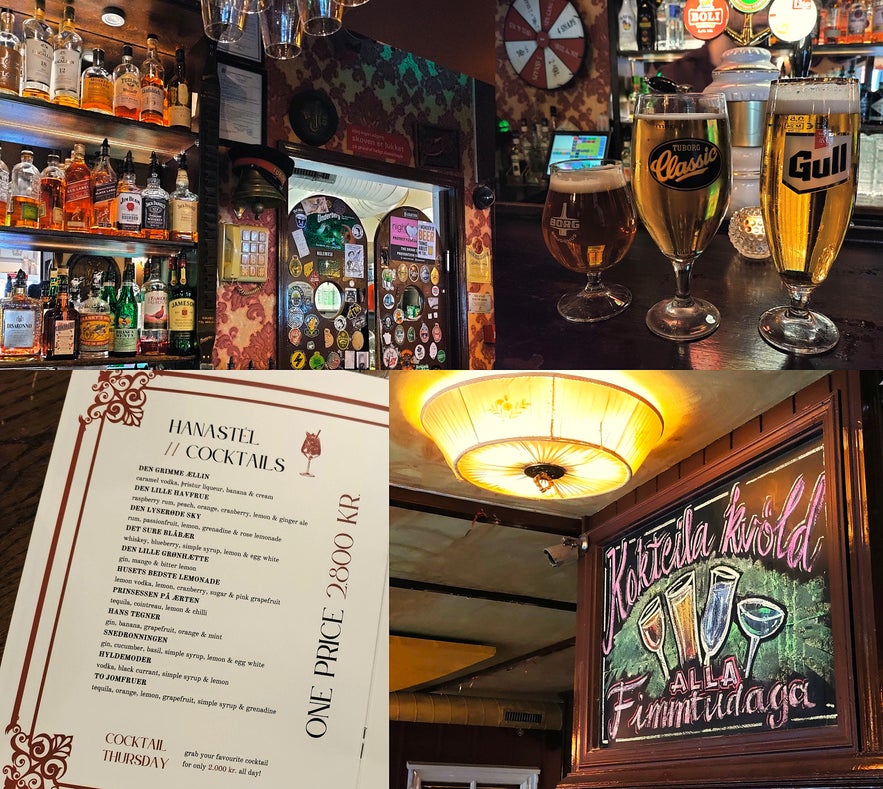 Den Danske Kro cocktail menu, beer glasses, and vintage decor at cozy bar in Reykjavík